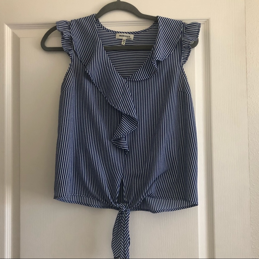 Striped tie front ruffle blouse